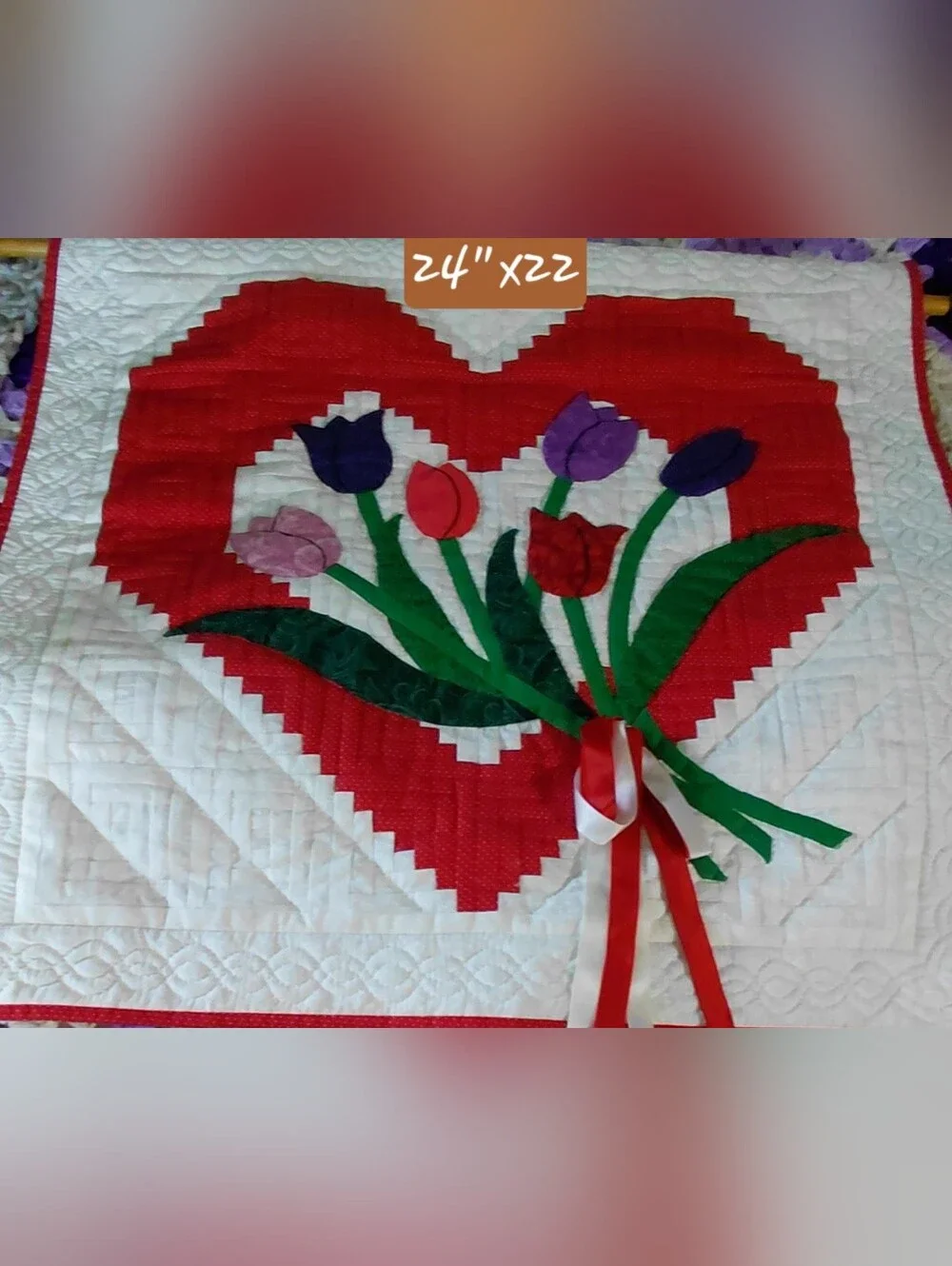 Vintage Handcrafted Floral Heart & TULIP Wall Quilt - Red & Multicolor